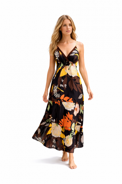 Bold Floral Patterned Dark Chocolate Brown Carmen Summer Maxi Dress - Fair Trade Cotton 